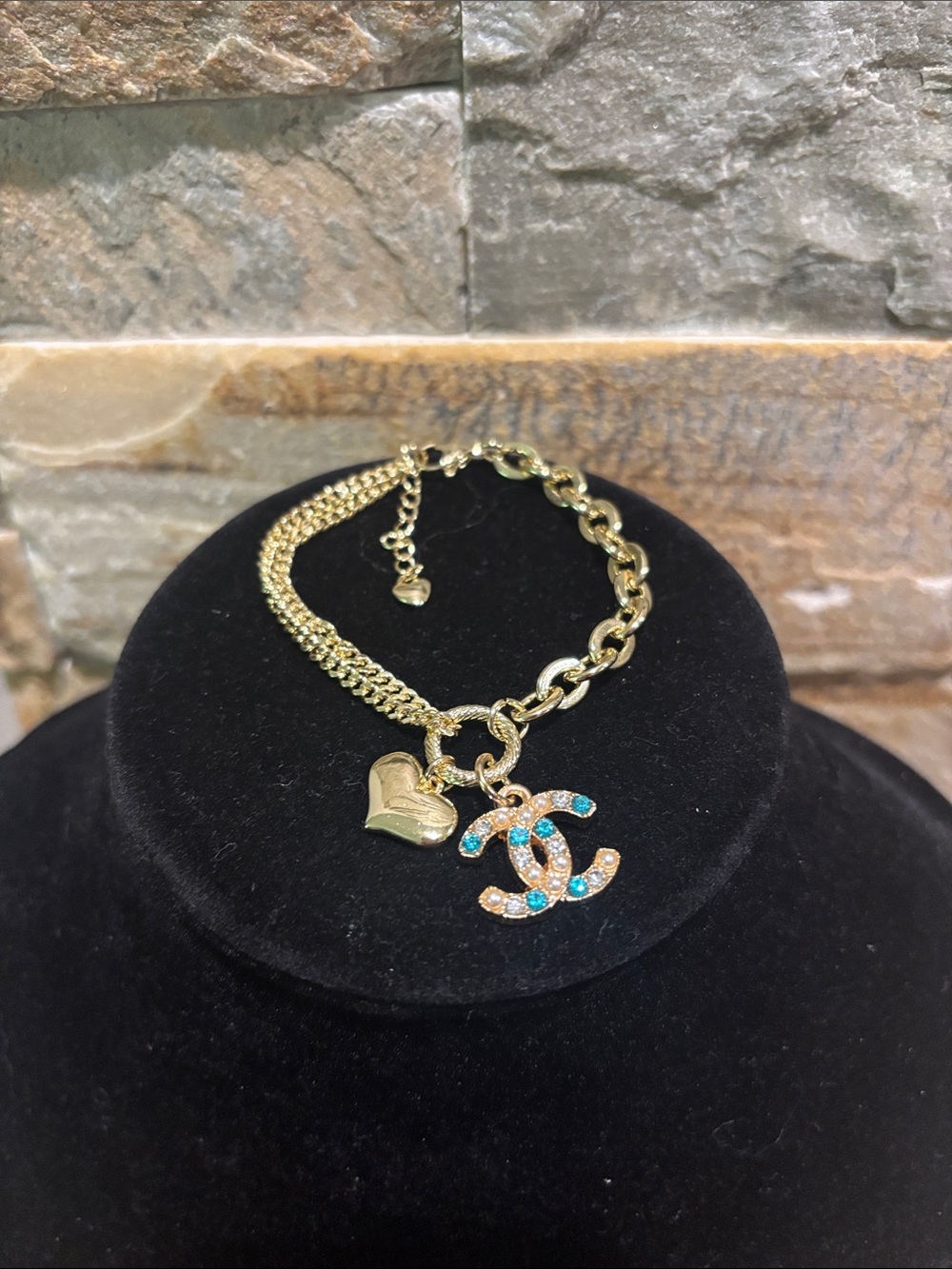 Gold Chain Bracelet with Crystal CC Logo and Heart Charm